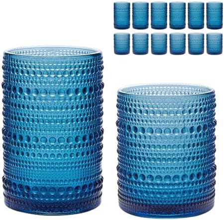 HomeVogue Hobnail Drinking Glasses Set of 12, 12oz & 15oz Vintage Glassware Set Cocktail Glass Set, Embossed Blue Water Tumbler,for Beer, Whiskey,Juice and Various Mixed Drinks (12 Pack-Blue)