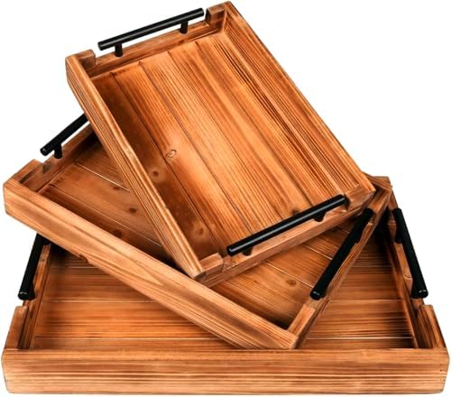 3Pcs Nested Vintage Wood Serving Tray Set, Coffee Table Ottoman Decor Trays
