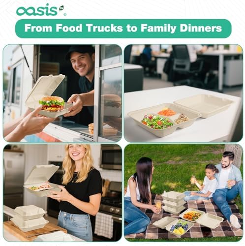 8x8 Inch 68 Pack Compostable Clamshell Take Out Food Containers, Disposable Paper To Go Boxes with Lids, Heavy Duty Sugarcane Bagasse Containers for Meals & Takeout, Natural