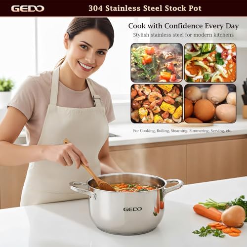 GEDO Stainless Steel Stock Pot with Glass Lid, 304 Grade Premium Soup Pot, Silver, Double Handle, for Kitchen Cooking (8.64in/22cm size)