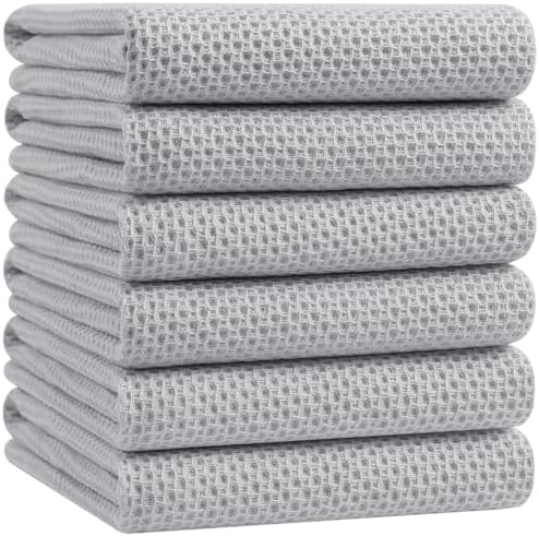 Homaxy 100% Cotton Oversized Waffle Weave Kitchen Towels 6-Pack, Light Gray