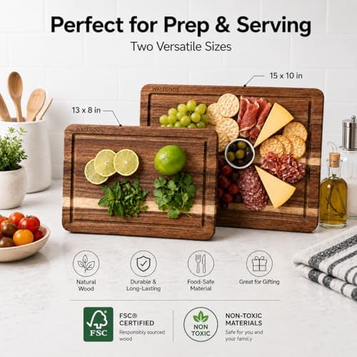 Acacia Wood Cutting Boards for Kitchen, Non-Toxic Cutting Board Set of 2, Chopping Boards with Deep Juice Groove for Meat, Cheese & Vegetables - Eco-Friendly & Medium & Small Sizes