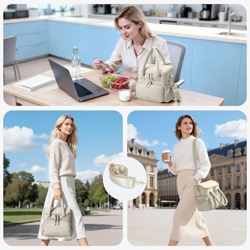 Double Deck Lunch Bag for Women, Beige-L