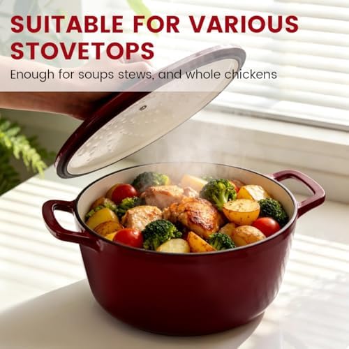 Enameled Cast Iron Dutch Oven 5.2 Qt with Lid, Red