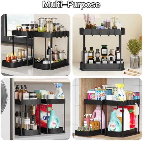 2 Packs Under Sink Pull-Out Storage Organizers, 14.8 Inches, Black