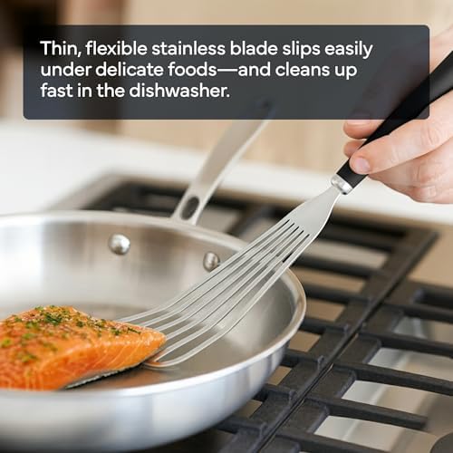 Misen Fish Stainless Steel Spatula - Slotted Turner for Cooking - Perfect for Frying - Heat Resistant - Dishwasher Safe -1mm Thick Flexible Flipper - Soft Silicone Grip Handle for Easy Use (Pack of 2)