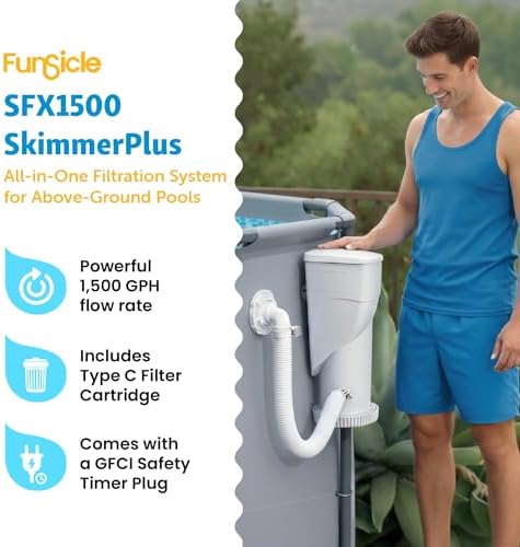 Funsicle SkimmerPlus 1,500 GPH 2-in-1 Filter Pump and Skimmer System for Above Ground Swimming Pools - Pool Cleaning and Maintenance