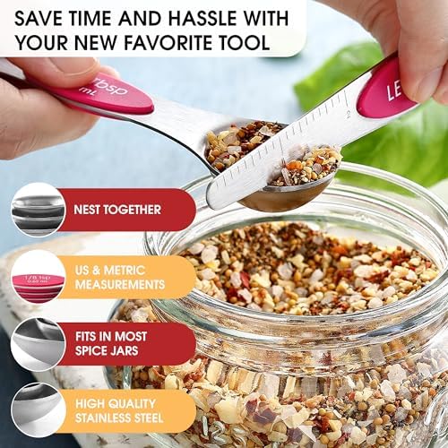 Spring Chef Dual Sided Magnetic Measuring Spoons Set of 8 for Kitchen, Pink