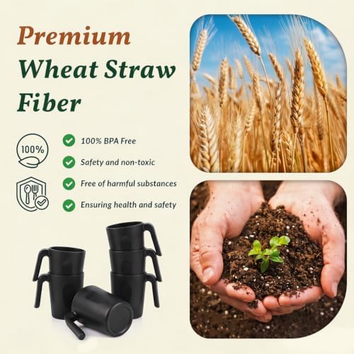 Homienly Unbreakable Coffee Mug Set - 6 Wheat Straw Reusable Cups | Dishwasher Safe Drinking Glasses | Alternative to Plastic Mugs & Glass Cups 16 oz for Camping, Kitchen (Black)
