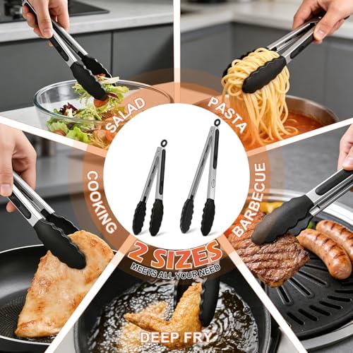 TACGEA Stainless Steel Kitchen Tongs with Silicone Tips, Locking Grilling Food Tongs, 9" and 12", Set of 2 Black