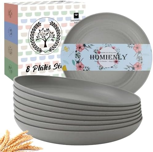 Homienly Deep Dinner Plates Set of 8 Alternative for Plastic Plates Microwave and Dishwasher Safe Wheat Straw Plates for Kitchen, Camping Unbreakable Lightweight Round Plate Set (Grey, 9 inch)