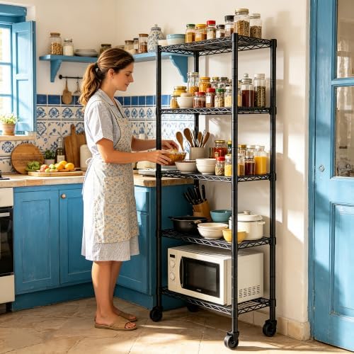 REGILLER 5-Wire Shelving Metal Storage Rack Adjustable Shelves,Standing Storage Shelf Units for Laundry Bathroom Kitchen Pantry Closet(Black,14.1" D x 30" W x 82" H,With Wheels)
