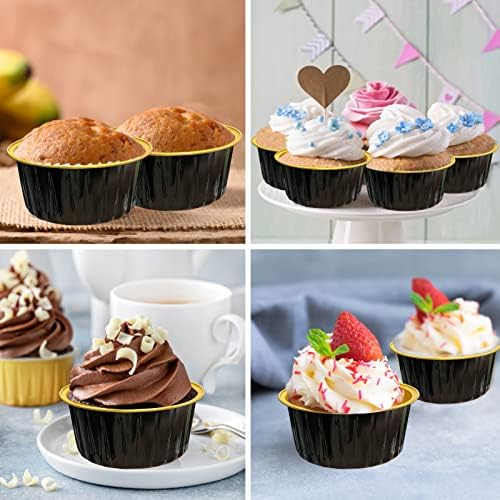 100Pcs Aluminum Cups with Lids,5oz Disposable Ramekin Baking Cups Muffin Liners Mini Pie Pans Foil Cupcake Containers for Christmas Party Wedding,Black Gold