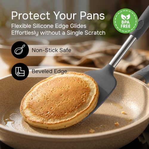 Silicone Spatula Set (2-Pc) - 600°F Heat Resistant, BPA Free, Non-Scratch, Dishwasher Safe I Slotted & Solid Kitchen Spatula Turners I Ideal for Eggs, Pancakes, Fish I Stainless Steel I Gray