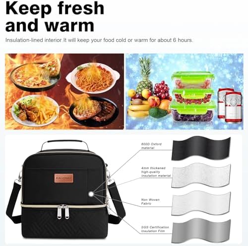 BALORAY Lunch Bag for Women Men Adult Lunch Box (Black with Strap),L
