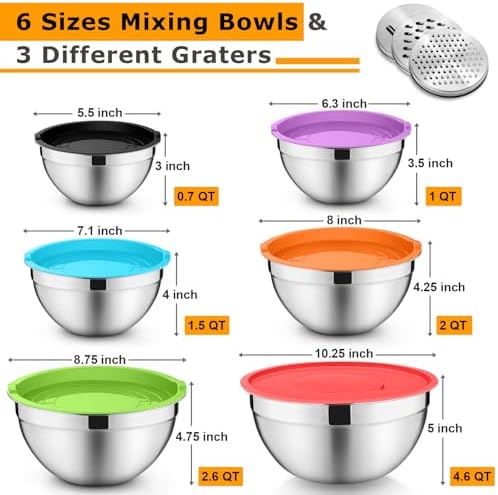 P&P CHEF Mixing Bowls with Lids Set of 6, Nesting Salad Bowl, Multicolor