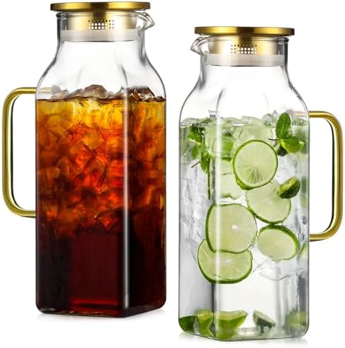 2 Pack 2 Liters/68 oz Square Glass Pitcher with Lid and Handle for Fridge, Iced Tea and Coffee Carafe Beverage Serveware, Heat Resistant Borosilicate Water Gold Jug for Hot/Cold Drinks and Milk