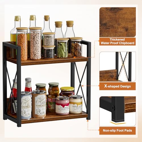 Giikin Kitchen Counter Shelf, Kitchen Countertop Organizer, 2 Tier Spice Rack for Counter, Wood Coffee Bar Organizer for Coffee Station (Brown, L)