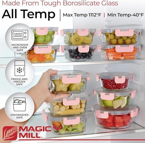 Magic Mill Premium Borosilicate Glass Food Storage Containers with lids Set | 24pc Sets with 12 Bowls & 12 Airtight Locking Lids for Lunch & Meal Prep, Safe for Oven, Freezer, Dishwasher, BPA-Free