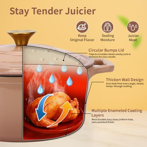 Enameled Cast Iron Dutch Oven with Lid&Silicone Grip, Round Casserole Pot for Bread Baking, Braising, Roasting,Stews,Heavy-Duty Baking Pan,Oven Safe, Induction Compatible (4.7QT,Mocha)
