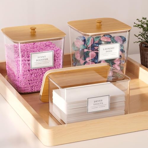 HomePekite Laundry Pods Storage Container, Clear Acrylic Laundry Room Organization and Storage ,Detergent Powder Container,with Wooden Lids & Labels, 3+1 Pack