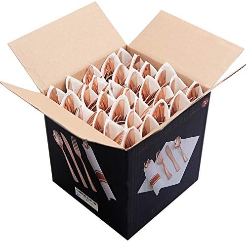Supernal 30 Pack Pre Rolled Rose Gold Plastic Silverware, Linen Napkin