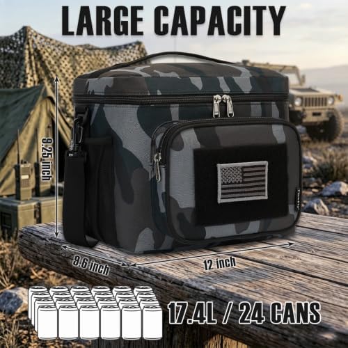 FlowFly Lunch Bag, Insulated Cooler, Thermal Lunch Box Tote with MOLLE/PALS Webbing, Adjustable Padded Shoulder Strap, for Tactical Men Women Adults and Boys Girls Kids (Black#Camo, Large)