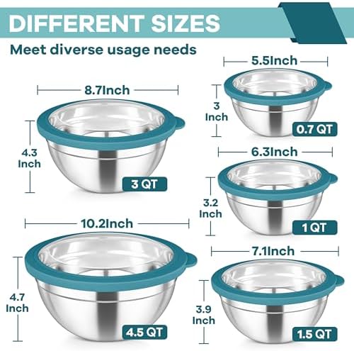 TeamFar Mixing Bowls Set, Stainless Steel Salad Bowl with Lids, Dark Blue