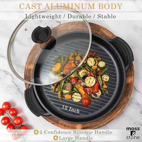 Moss & Stone 12" Grill Pan for Indoor Cooking, Nonstick Pan with Glass Lid