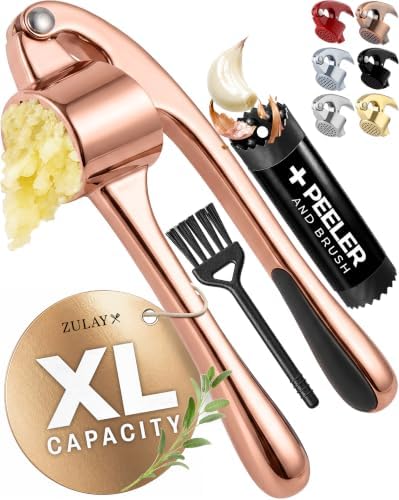 Zulay Kitchen Large Premium Garlic Press Set - Bigger Bowl for Bigger Garlic - Rust Proof Garlic Mincer Tool - Easy-Squeeze, Easy-Clean Silicone Garlic Peeler & Brush (Rose Gold)