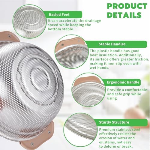 Colander Set with Plastic Handles, Stainless Steel Micro-Perforated Colanders Strainers for Draining Rinsing Washing, Ideal for Pasta Vegetables Fruits, Heavy Duty & Dishwasher Safe