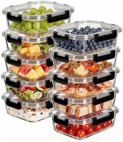 Liuruiyu 10 Pack 21.6oz Glass Food Storage Containers with Lids, Meal Prep Containers, Airtight Bento Boxes with Leak Proof Locking for Microwave, Oven, Freezer and Dishwasher, BPA Free