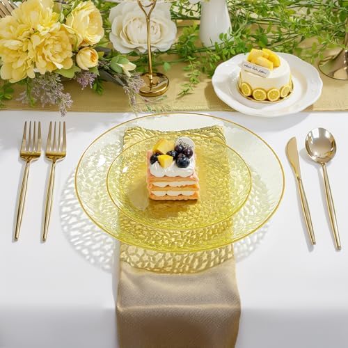 Rubtlamp 60Pcs Yellow Gold Plastic Plates, Yellow Disposable Plates With Gold Rim, Clear Heavy-duty Party Supplies, Hammered Plastic Plates Include 30 Dessert Platos, 30 Dinner Platos for Party