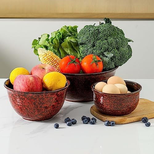HASENSE Ceramic Mixing Bowls, Large Serving Dishes Set of 3 for Cooking, Baking, Prepping, Porcelain Nesting Bowls for Salads, Fruit, Popcorn, Cereal, 2.1/1.0/0.5 Qt, Dishwasher & Microwave Safe, Red