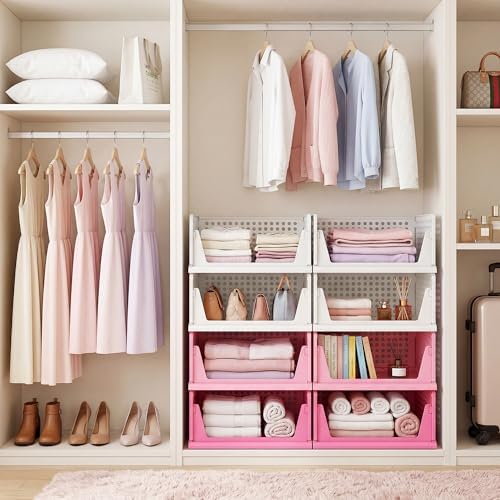 Pink Girl Closet Organizers and Storage Stackable Plastic Drawer Basket for Clothing Stackable Storage Bins Shelf Storage Container for RV Closet Wardrobe Bedroom Bathroom Playroom 8 Pack