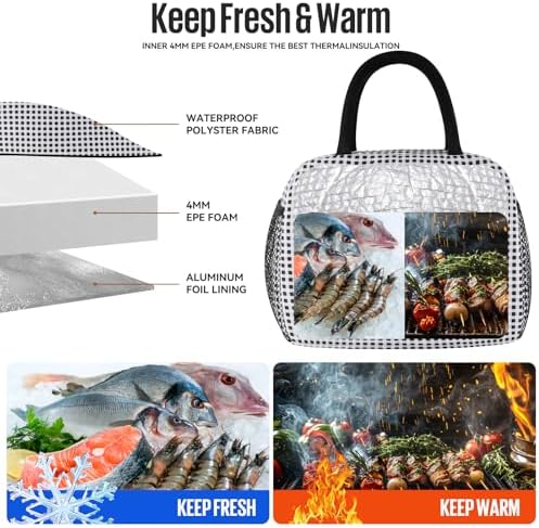 douyadady Lunch Bag Women/Men Lunch Box Women/Men (Black+White Grid)