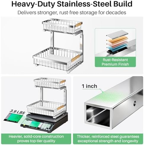 Kitstorack Under Sink Organizer, 2 Tier Under the Sink Storage, Slide out Pull out Cabinet Organizer Shelf, Metal Sliding Drawer for Kitchen Bathroom Pantry Closet Organization Rack, Silver, 2 Pack