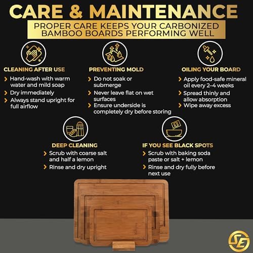 SliceElite Rich Brown Carbonized Bamboo Cutting Board Set 3 Piece Kitchen Boards with Deep Juice Groove Non Slip Silicone Feet Space Saving Rack Stand for Chopping Serving Meal Prep and Charcuterie