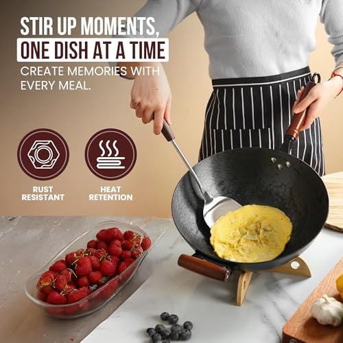 Pre-Seasoned Cast Iron Nonstick Stir-Fry Pan | Dual Handles & 4 Spatulas | Flat Bottom Wok with Wooden Lid & Wood Handle | Traditional Chinese Induction Wok (34cm)