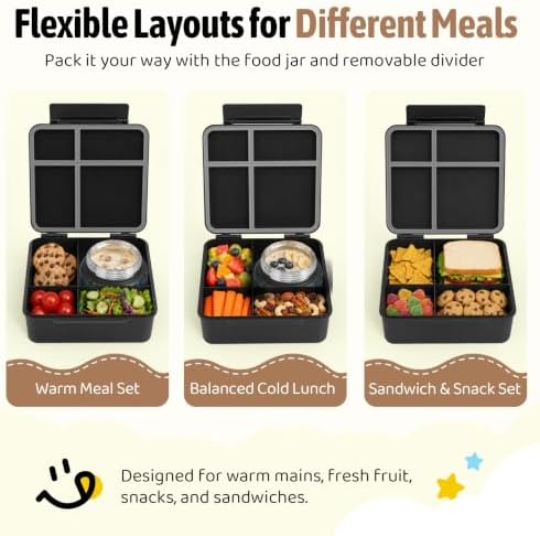 Bento Box for Kids with Thermo Food Container (9oz), 4-Compartment Lunch Box, Adjustable Divider, Leakproof Bento Lunch Box, Includes Utensils & Carry Bag for School, Office(Black-Game)