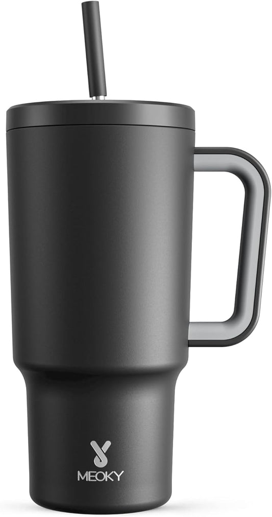 Meoky 30 oz Tumbler with Handle, Tumbler with Lid and Straw, Insulated Stainless Steel Travel Mug, 100% Leak-proof, Cupholder Friendly, Keeps Cold for 24 Hours or Hot for 8 Hours (Night)