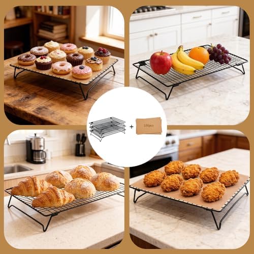 Cooling Racks For Cooking And Baking 3-Piece（13.3 x 9.3 Inch）Set Includes 120 Baking Mats Comes With A Folding rack Suitable For Cookies, Cakes, Pizza, Bread