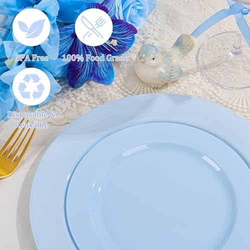 FLOWERCAT 60PCS Light Blue Heavy Duty Plastic Disposable Party Plates Set – 30pcs 10.25″ Dinner & 30pcs 7.5″ Dessert Plates – Durable Blue Tableware for Easter Parties, Wedding, BBQ & Baby Shower