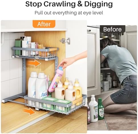 PXRACK Under Sink Organizer, Adjustable Height, 2 Tier Pull Out Under Cabinet Organizer, Slide Out Thickened Metal Under Sink Storage for Kitchen Bathroom Laundry Pantry Cabinet, Grey, Large-2-Pack