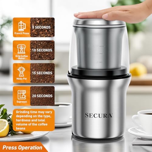Secura Electric Coffee and Spice Grinder, 1 Removable Bowls, Stainless (Pack of 2)