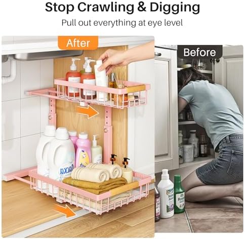 PXRACK Under Sink Organizer, Adjustable Height, 2 Tier Pull Out Under Cabinet Organizer, Slide Out Thickened Metal Under Sink Storage for Kitchen Bathroom Laundry Pantry Cabinet, Pink, Large-1-Pack