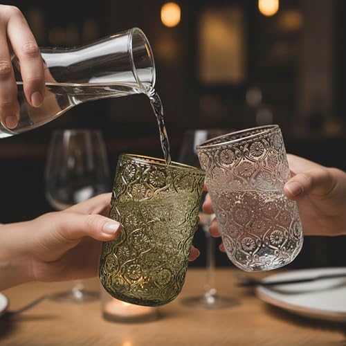 Set of 8 Vintage Embossed Glassware,4 Highball Glasses 14oz & 4 Rocks Drinking Glasses 9oz, Art Deco, for Wine, Water, Cocktail, Juice, Whiskey, Gift (Green)