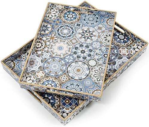 AGIOTA 2 Pcs Serving Tray with Handles Bohemian Decorative Tray Large Ottoman Trays for Living Room Blue Coffee Table Trays for Breakfast