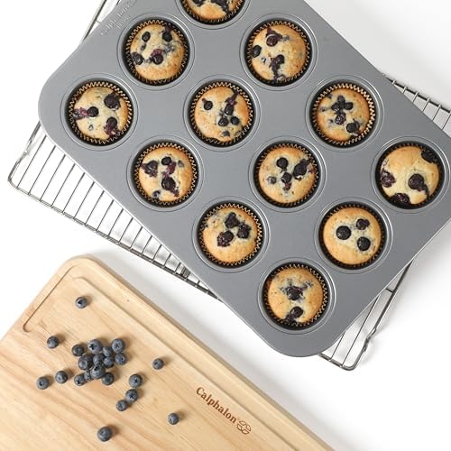 Calphalon Titan Steel Core PFA Free Nonstick Cupcake Muffin_Pan, Heavy Duty Carbon Steel Bakeware for Even Heating, Oven Safe Muffin_Tray for Cupcakes, Muffins, 12-Cup Muffin Pan (Pack of 4)