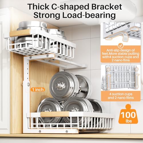 PXRACK Under Sink Organizer, Adjustable Height, 2 Tier Pull Out Under Cabinet Organizer, Slide Out Thickened Metal Under Sink Storage for Kitchen Bathroom Laundry Pantry Cabinet, White, Large-2-Pack